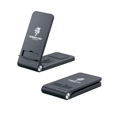 Складная беспроводная (15W) зарядная станция "Clap" с подсветкой логотипа и подставкой для смартфона, черный (Чёрный)