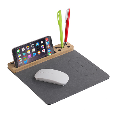 Настольная подставка с беспроводным зарядным устройством, переработанная кожа/бамбук  (Серый с бежевым)