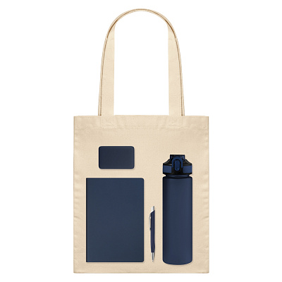 Подарочный набор Велком Пак (Welcome Pack), синий (бутылка, ежедневник, ручка, ЗУ, шоппер) (Синий, бежевый)
