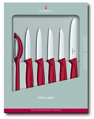 Набор из 6 кухонных приборов VICTORINOX Swiss Classic: 5 ножей, овощечистка, красная рукоять (Красный)