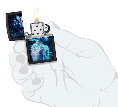 Зажигалка ZIPPO Cyborg Woman с покрытием Black Light, латунь/сталь, черная, матовая 38x13x57 мм