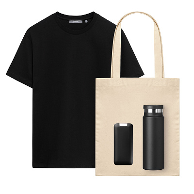 Набор с одеждой Крис (KRIS) (футболка, аккумулятор, термобутылка, шоппер), черный, L (Чёрный)