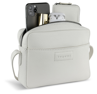 Сумка кросс-боди женская BUGATTI Elsa, белая, воловья кожа/полиэстер, 19х5,5х14 см