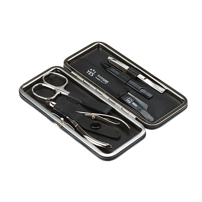 Маникюрный набор YES, 5 пр. Футляр: натуральная кожа, цвет черный (Черный)