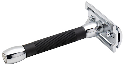 Cтанок Т-образный для бритья MERKUR 30C, глянцевое хромированное покрытие, анодированный алюминий в черном цвете, лезвие в комплекте (1 шт)