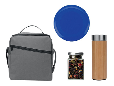 Набор для отдыха на природе с термосом и чаем в сумке-холодильнике (Синий, серый)