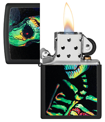 Зажигалка ZIPPO Skeleton Design с покрытием Black Light, латунь/сталь, черная, матовая, 38x13x57 мм