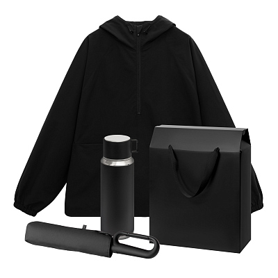 Премиум набор с одеждой RISSMAN (ветровка, зонт, термос), черный, XS/S (Чёрный)