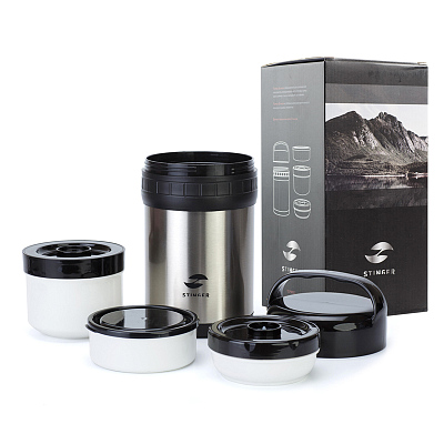 Термос ланч-бокс, Stinger, 1,5 л, широкий, сталь, серебристый, чёрные вставки, три контейнера