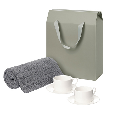 Подарочный набор Mokko, Fado, серый в коробке-пакете (две чайных пары, плед) (Серый, белый)