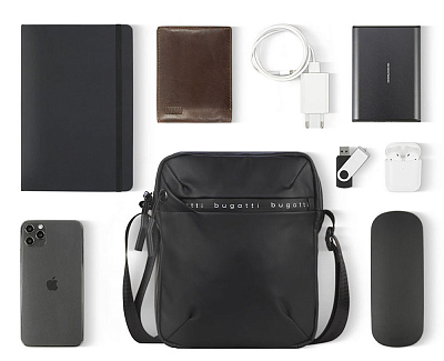 Сумка наплечная BUGATTI Blanc, чёрная, тарпаулин/полиэстер, 17х4,5х21 см