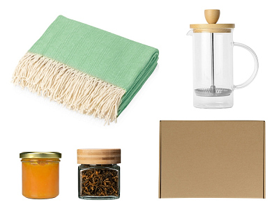 Подарочный набор с пледом, френчпрессом, чаем и вареньем (Зеленый)
