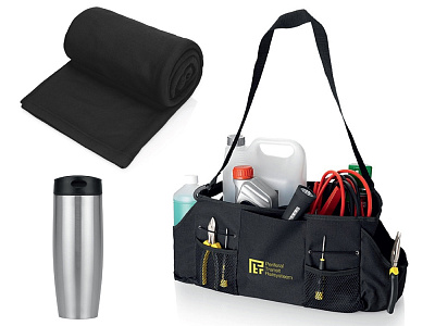 Набор для автомобиля с пледом, термокружкой в сумке для инструментов (Чёрный)