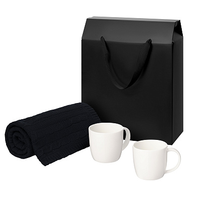 Подарочный набор Dafna, Fado, темно-сиий в черной коробке-пакете (две фарфоровых кружки, плед) (Черный, белый)