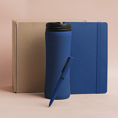 Набор подарочный OFFICEKIT: термос, ежедневник, ручка,  стружка, коробка  (Синий)