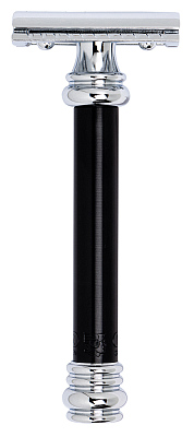 Cтанок Т-образный для бритья MERKUR 38B, глянцевое хромированное покрытие, анодированный алюминий в черном цвете, лезвие в комплекте (1 шт)