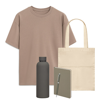 Набор с одеждой RUST (футболка, термобутылка, ежедневник, ручка, шоппер), мокко/серый, M/L (Бежевый, серый)