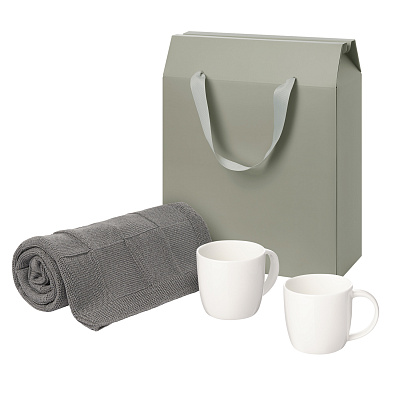 Подарочный набор Dafna, Cella, серый в коробке-пакете (две фарфоровых кружки, плед) (Серый, белый)