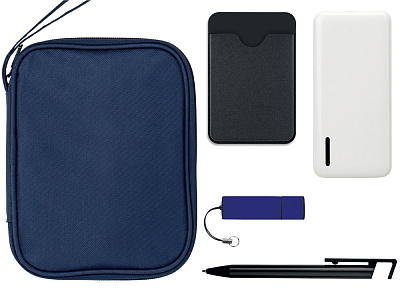 Тревел-набор с флешкой, повербанком и ручкой (Темно-синий, черный, белый)