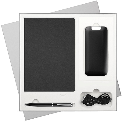 Подарочный набор Moon river, черный (ежедневник, ручка, аккумулятор) (Черный, серый)