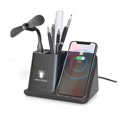 Карандашница "Black Star" с беспроводным (10W) зарядным устройством, вентилятором и лампой, с подсветкой логотипа, черный (Чёрный)