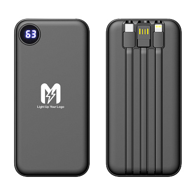 Зарядное устройство "Форт" 10000 mAh с подсветкой логотипа, встроенными кабелями и цифровым индикатором заряда, черный (Чёрный)