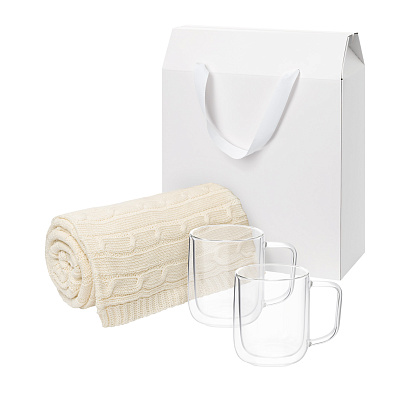 Подарочный набор Viora, Fado в белой коробке-пакете (2 кружки+плед) (Прозрачный, бежевый, белый)