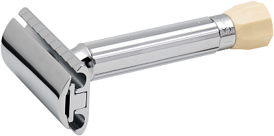 Станок Т-образный для бритья MERKUR 500C, глянцевое хромированное покрытие, прямой срез, закрытый гребень, короткая ручка, лезвие в комплекте (1 шт) (Серебристый)