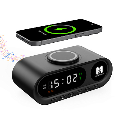 Настольные часы "Smart Hub" с bluetooth колонкой 5Вт, беспроводной (15W) зарядкой и подсветкой логотипа, черный (Чёрный)