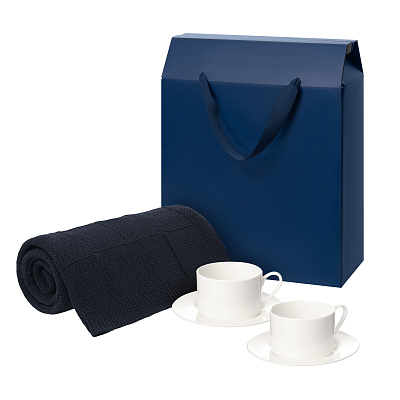 Подарочный набор Mokko, Сella, синий в коробке-пакете (две чайных пары, плед) (Синий, белый)