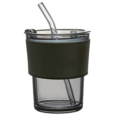 Стакан стеклянный с трубочкой и капхолдером Karamel, зелёный (Зеленый)