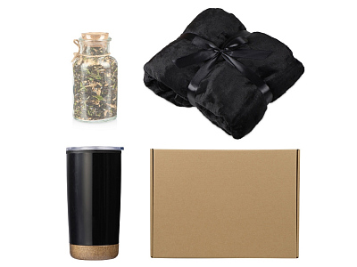 Подарочный набор с пледом, термокружкой и чаем (Чёрный)