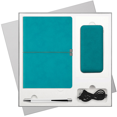 Подарочный набор In Velour, бирюзовый (ежедневник, ручка, аккумулятор) (Бирюзовый, серый)