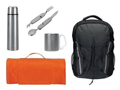 Набор туриста с термосом, кружкой, столовыми приборами и пледом (Неоновый оранжевый, темно-серый, оранжевый)