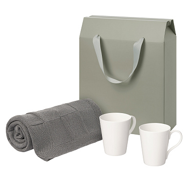 Подарочный набор Vesta, Cella, серый в коробке-пакете (две фарфоровых кружки, плед) (Серый, белый)