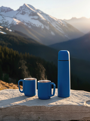 Набор "Гейзер" (термос, 2 кружки), покрытие soft touch, синий