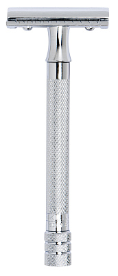 Станок Т-образный для бритья MERKUR 23C, глянцевое хромированное покрытие, прямой срез, закрытый гребень, длинная ручка, лезвие в комплекте (1 шт)