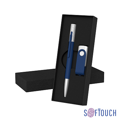 Набор ручка "Clas" + флеш-карта "Vostok" 16 Гб в футляре, оранжевый, покрытие soft touch, темно-синий (Тёмно-синий)