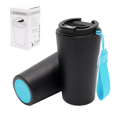 Термокружка Surprise To Go с индикатором, чёрная/бирюзовая (Черный/бирюзовый)