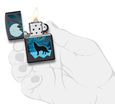 Зажигалка ZIPPO Wolf and Moon с покрытием Black Matte, латунь/сталь, чёрная, матовая, 38x13x57 мм
