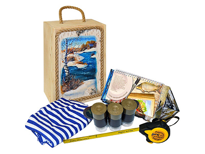 Подарочный набор Под знаком рыбы (Короб- натуральный, книнга- бежевый, тельняшка- синий/белый. стопки- прозрачный/коричневый, чехол для стопок- коричневый/комуфляж)