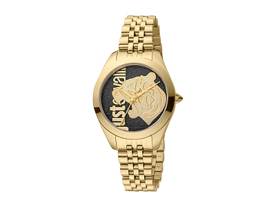 Наручные часы, женские (Корпус- желтое золото, циферблат- черный, декор- пантера + фирменное лого, крепление- черный)