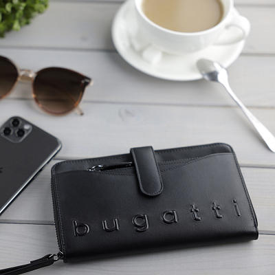 Кошелёк женский BUGATTI Daphne с ключницей, чёрный цвет, воловья кожа/полиэстер, 19х3х11 см