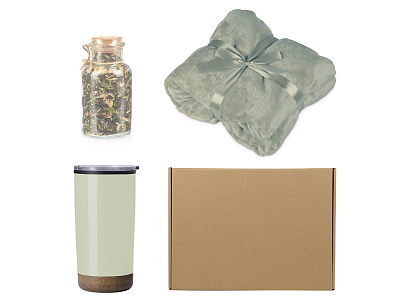 Подарочный набор с пледом, термокружкой и чаем (Зеленый оливковый)