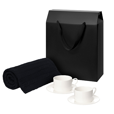 Подарочный набор Mokko, Fado, темно-синий в черной коробке-пакете (две чайных пары, плед) (Черный, белый)