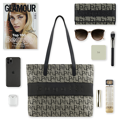 Сумка женская BUGATTI Elea, бежево-черный цвет, жаккард/воловья кожа/полиэстер, 34х12х29 см