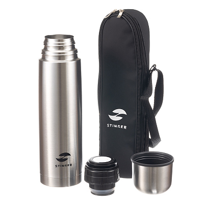 Термос Stinger с чехлом, 0,8 л, узкий, нержавеющая сталь, серебристый, 8,1 x 8,1 x 29,1 см