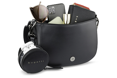 Сумка наплечная женская BUGATTI Almata, с кошельком, чёрная, полиуретан, 27х6х18,5 см