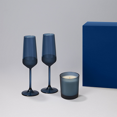 Подарочный набор свеча Enigma + 2 бокала для шампанского Sapphire в синей коробке (Синий)