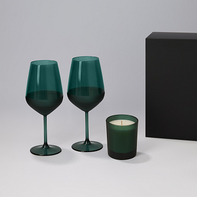 Подарочный набор свеча Enigma + 2 бокала для вина Emerald в черной коробке (Зеленый, черный)